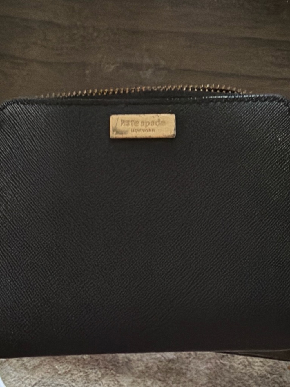 kate spade Black Saffiano Zip Wallet with Gold Plate